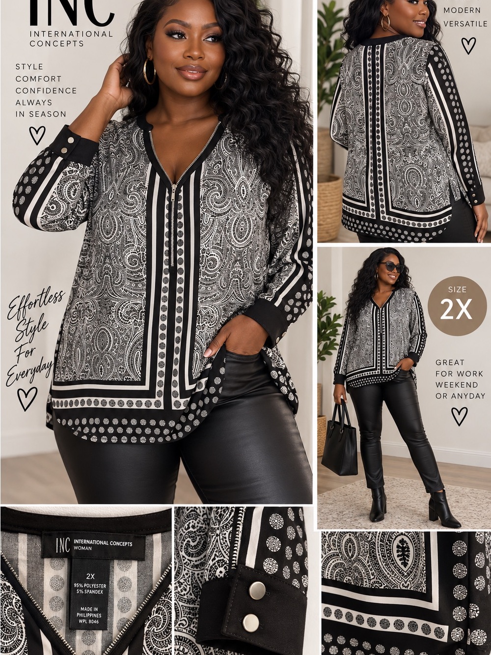 INC International Concepts Black and White Paisley V-Neck Tunic